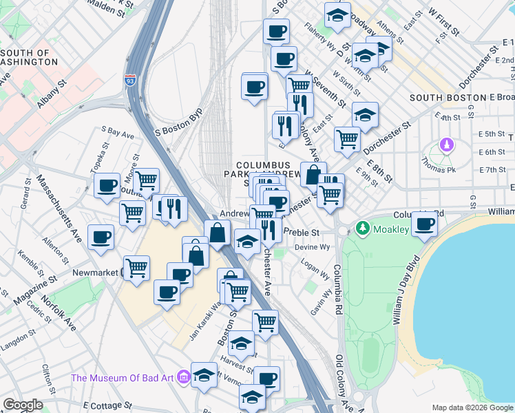 map of restaurants, bars, coffee shops, grocery stores, and more near 496 Southampton Street in Boston