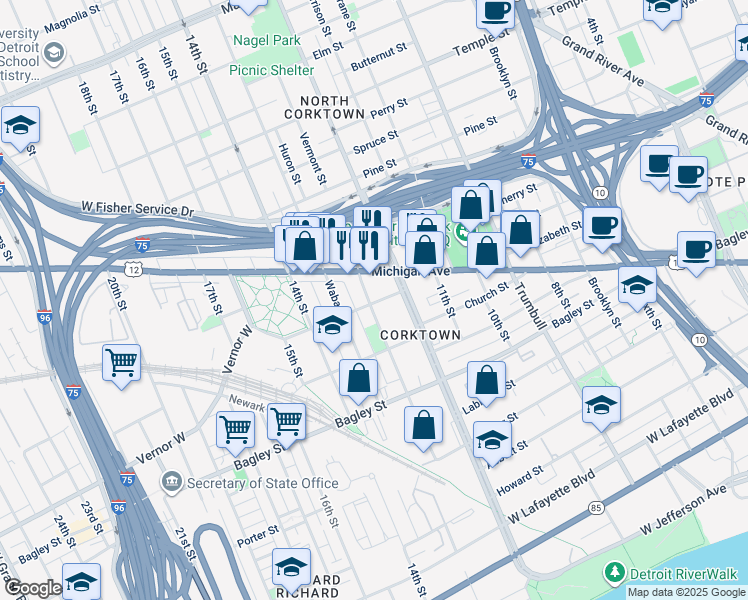 map of restaurants, bars, coffee shops, grocery stores, and more near 2081 Vermont Street in Detroit