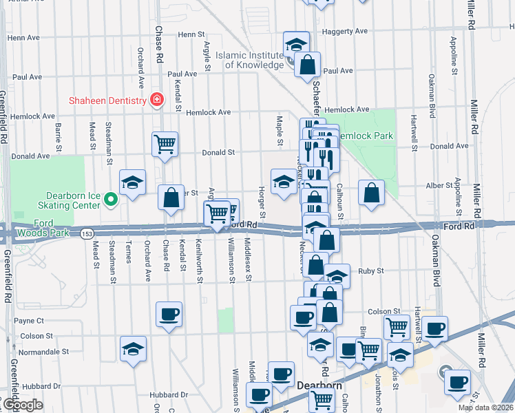 map of restaurants, bars, coffee shops, grocery stores, and more near 5703 Horger Street in Dearborn