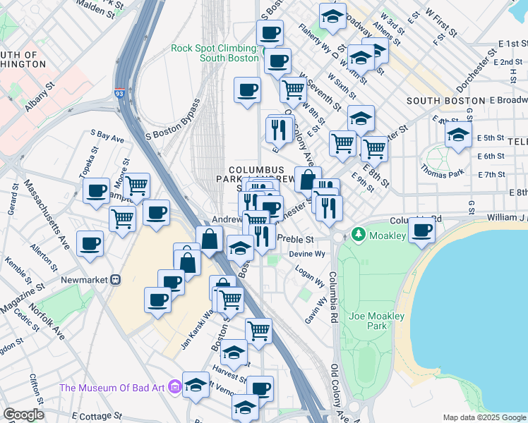 map of restaurants, bars, coffee shops, grocery stores, and more near 395 Dorchester Street in Boston