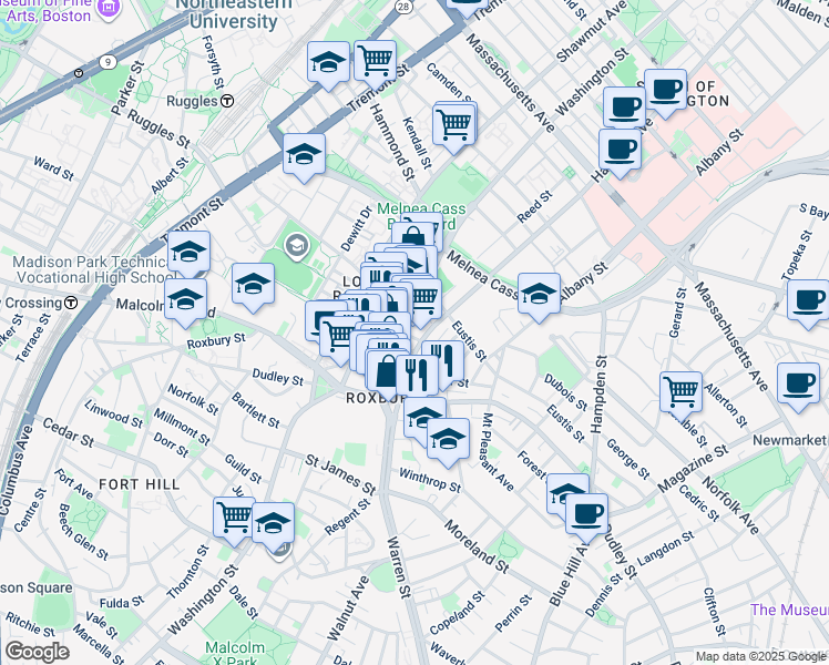 map of restaurants, bars, coffee shops, grocery stores, and more near 1138 Harrison Avenue in Boston