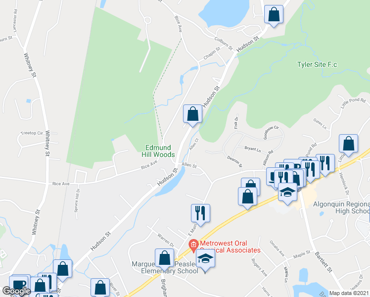 map of restaurants, bars, coffee shops, grocery stores, and more near 200 Hudson Street in Northborough