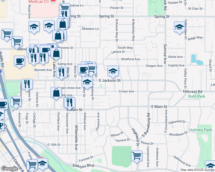 map of restaurants, bars, coffee shops, grocery stores, and more near 122 Oregon Terrace in Medford