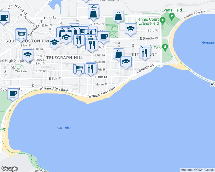 map of restaurants, bars, coffee shops, grocery stores, and more near 1744 Columbia Road in Boston