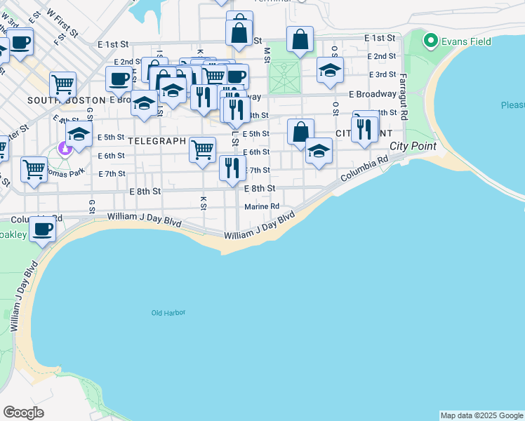 map of restaurants, bars, coffee shops, grocery stores, and more near 1716 Columbia Road in Boston