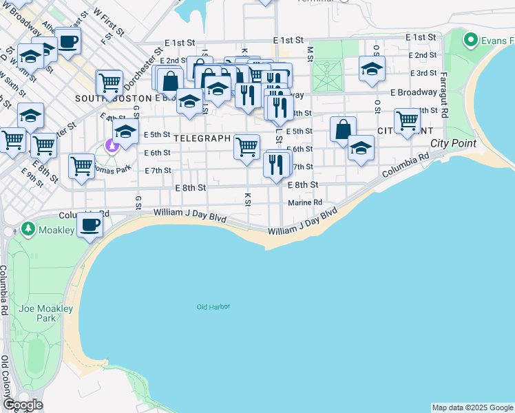 map of restaurants, bars, coffee shops, grocery stores, and more near 406 K Street in Boston