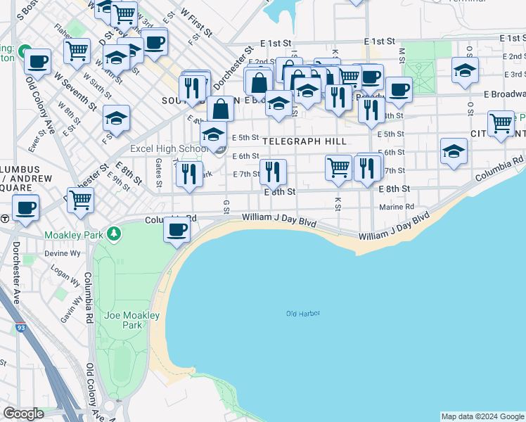 map of restaurants, bars, coffee shops, grocery stores, and more near 1482 Columbia Road in Boston