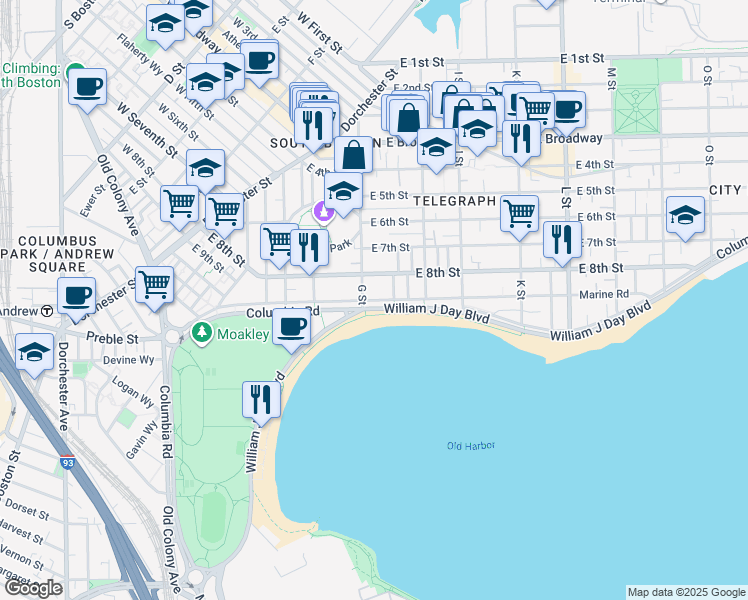 map of restaurants, bars, coffee shops, grocery stores, and more near 1424 Columbia Road in Boston