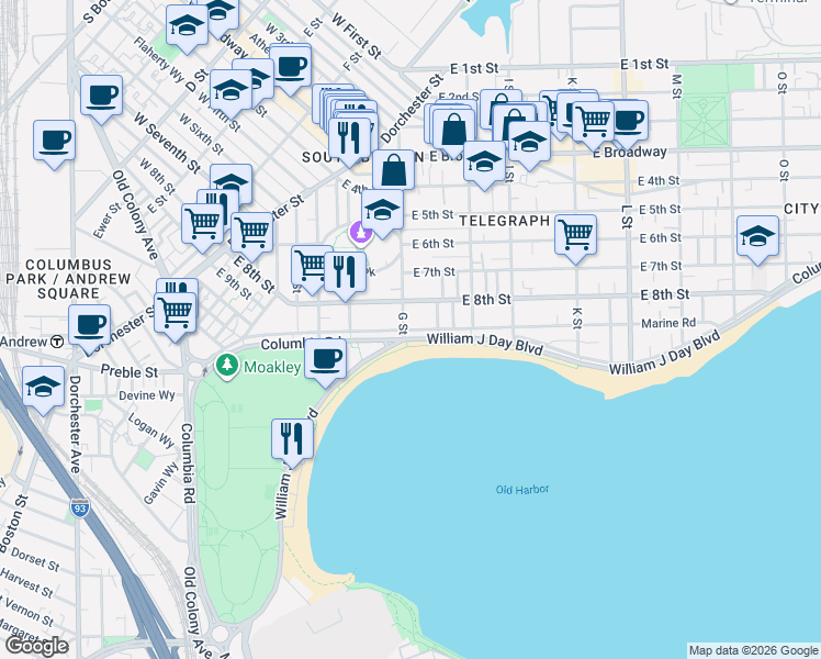 map of restaurants, bars, coffee shops, grocery stores, and more near 1394 William J Day Boulevard in Boston