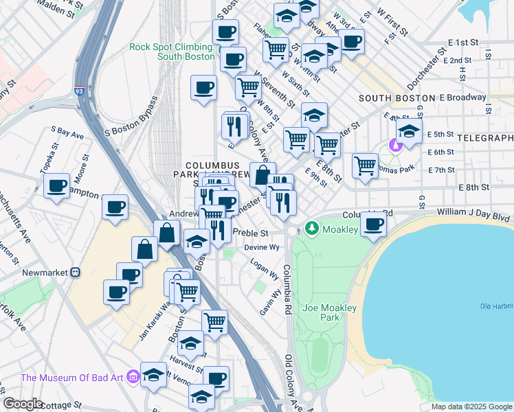 map of restaurants, bars, coffee shops, grocery stores, and more near 15 Ward Street in Boston