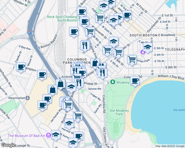 map of restaurants, bars, coffee shops, grocery stores, and more near 15 Ward Street in Boston