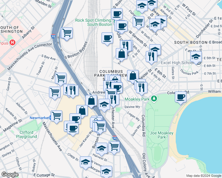 map of restaurants, bars, coffee shops, grocery stores, and more near 395 Dorchester Street in Boston