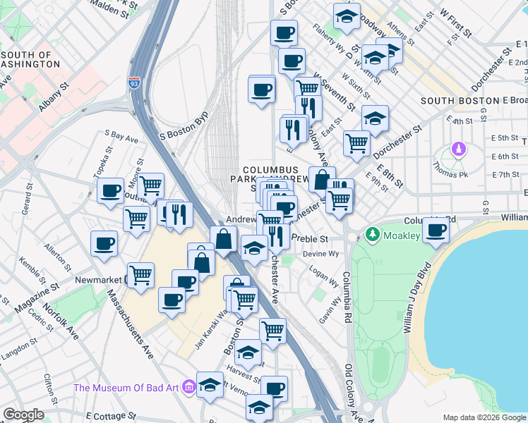 map of restaurants, bars, coffee shops, grocery stores, and more near 496 Southampton Street in Boston