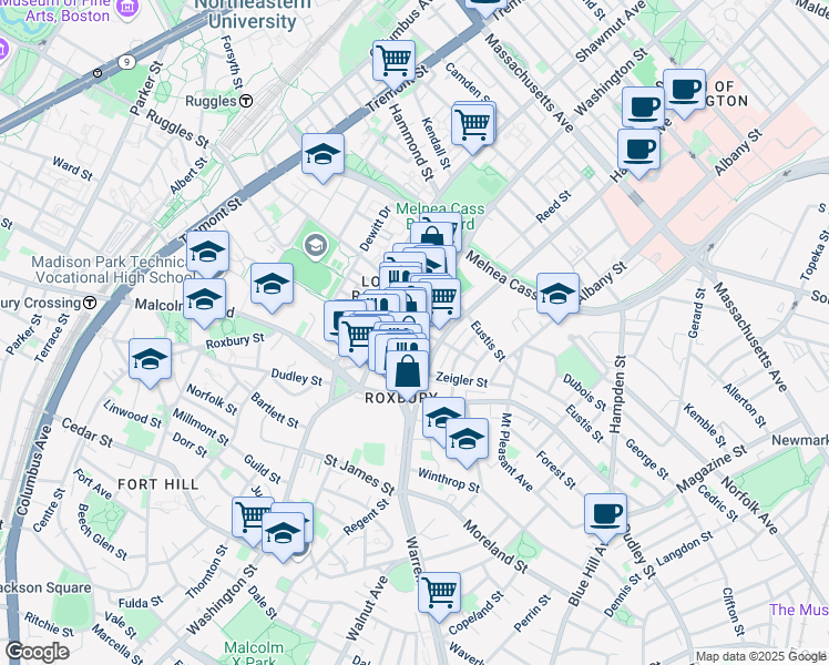 map of restaurants, bars, coffee shops, grocery stores, and more near in Boston
