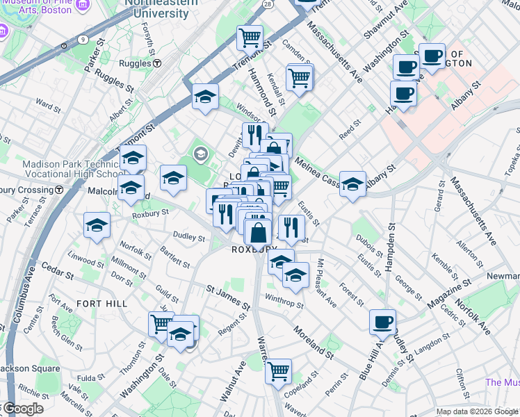 map of restaurants, bars, coffee shops, grocery stores, and more near in Boston