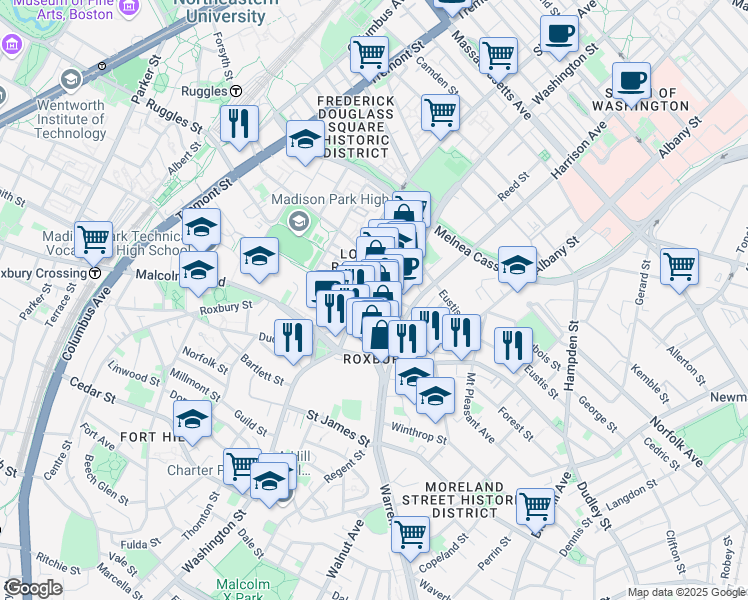 map of restaurants, bars, coffee shops, grocery stores, and more near in Boston