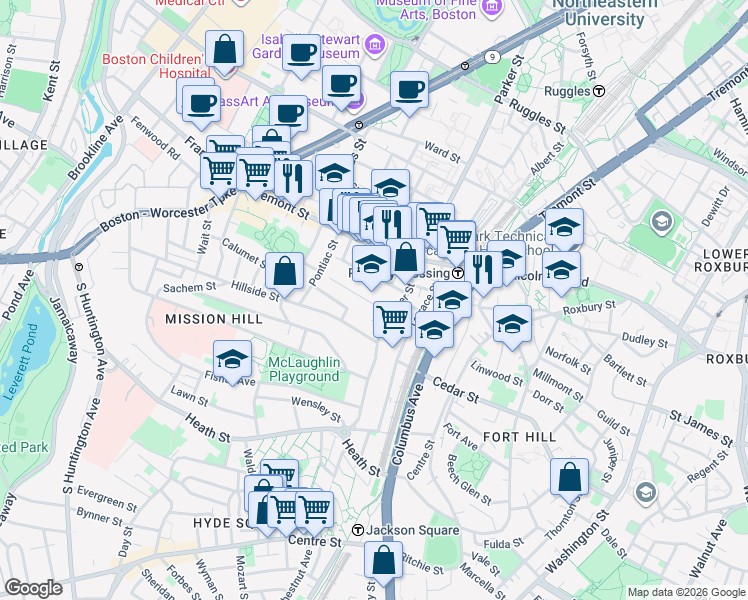 map of restaurants, bars, coffee shops, grocery stores, and more near in Boston