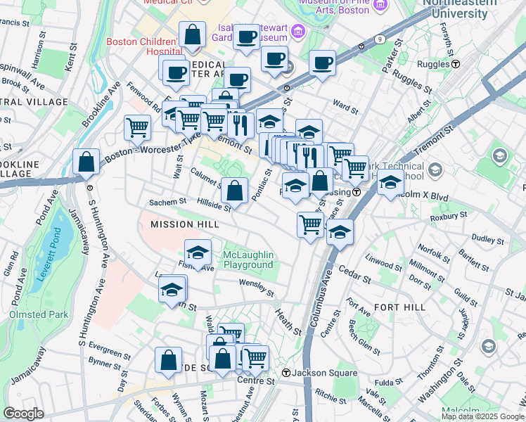 map of restaurants, bars, coffee shops, grocery stores, and more near 60 Hillside Street in Boston