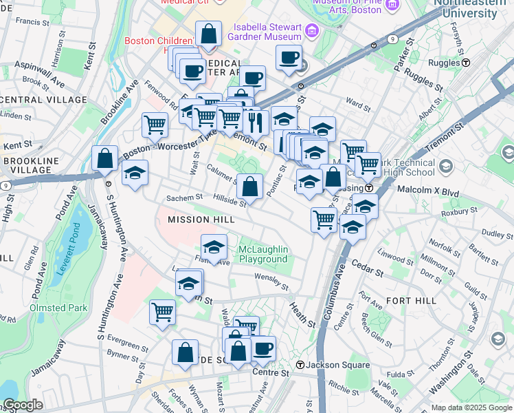 map of restaurants, bars, coffee shops, grocery stores, and more near 5 Iroquois Street in Boston