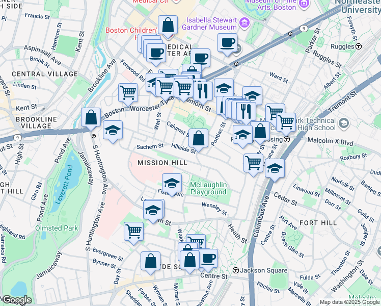 map of restaurants, bars, coffee shops, grocery stores, and more near 5 Iroquois Street in Boston