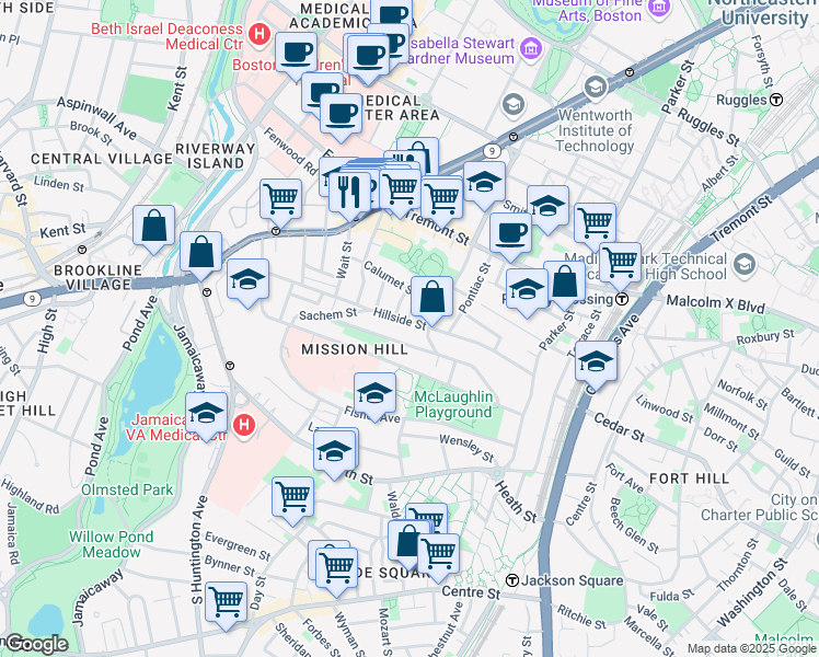 map of restaurants, bars, coffee shops, grocery stores, and more near in Boston
