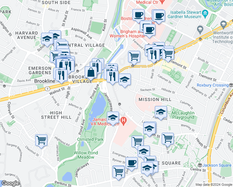 map of restaurants, bars, coffee shops, grocery stores, and more near 70 Jamaicaway in Boston
