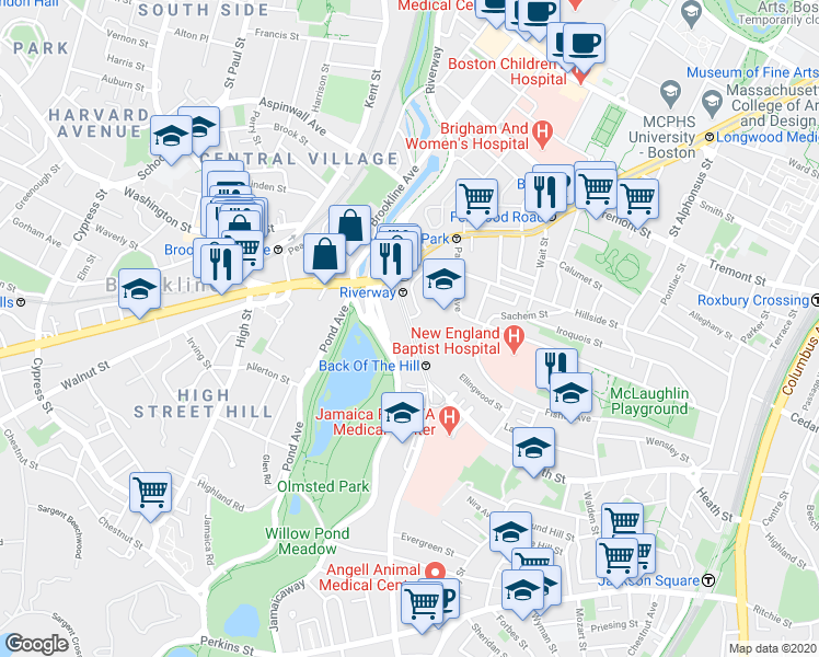 map of restaurants, bars, coffee shops, grocery stores, and more near 70 Jamaicaway in Boston