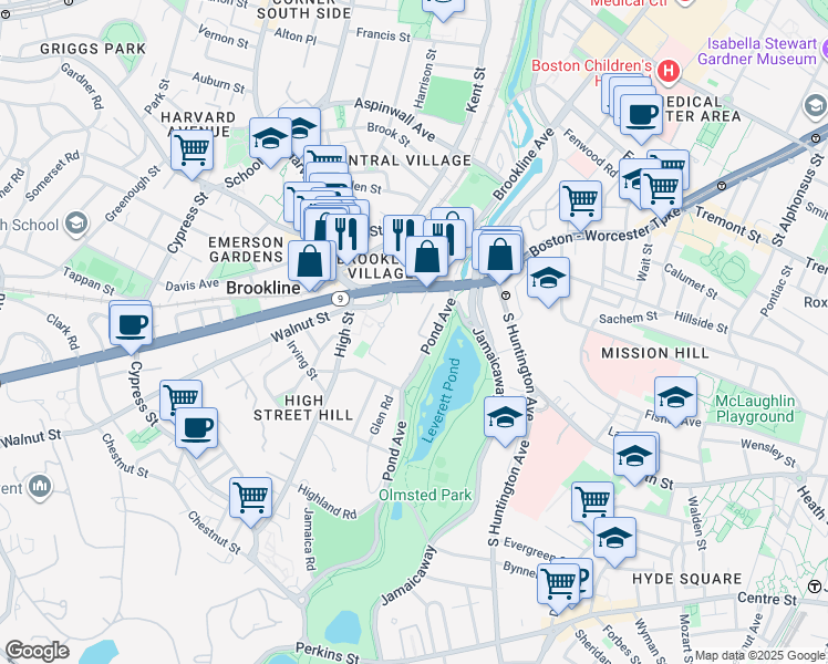 map of restaurants, bars, coffee shops, grocery stores, and more near 77 Pond Avenue in Brookline