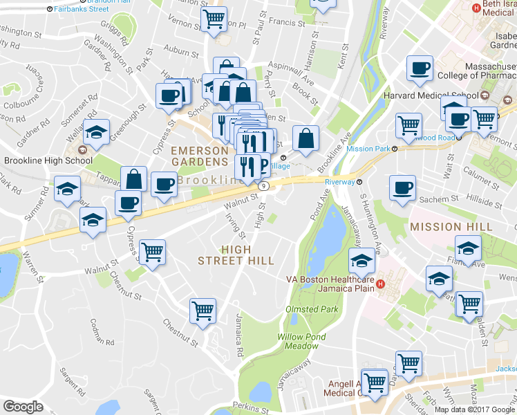 map of restaurants, bars, coffee shops, grocery stores, and more near 44 High Street in Brookline