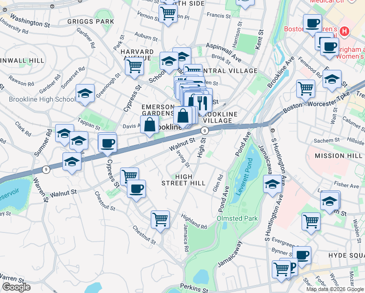 map of restaurants, bars, coffee shops, grocery stores, and more near 22 Irving Street in Brookline