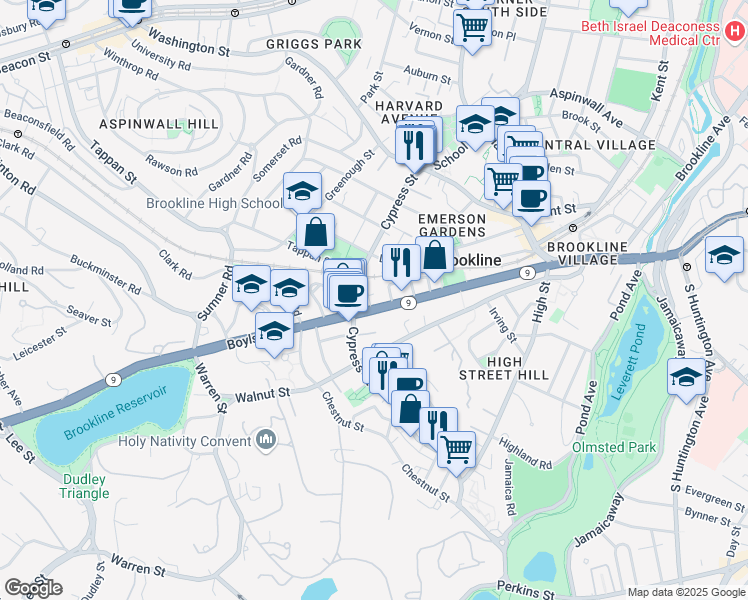 map of restaurants, bars, coffee shops, grocery stores, and more near 308 Boylston Street in Brookline