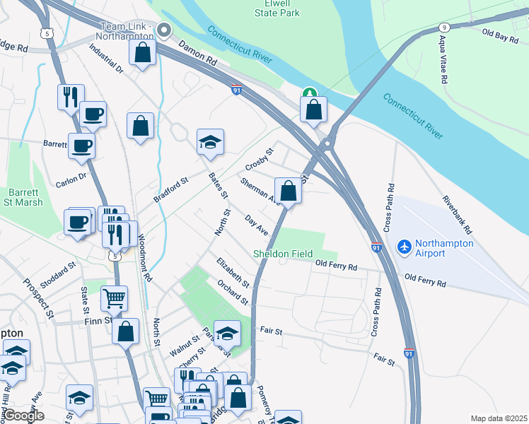 map of restaurants, bars, coffee shops, grocery stores, and more near 300 Bridge Street in Northampton