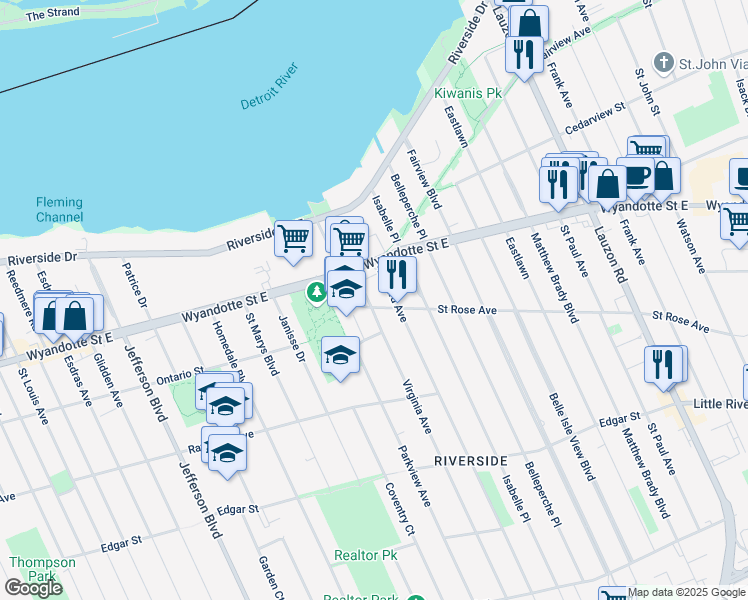 map of restaurants, bars, coffee shops, grocery stores, and more near 7015 Saint Rose Avenue in Windsor