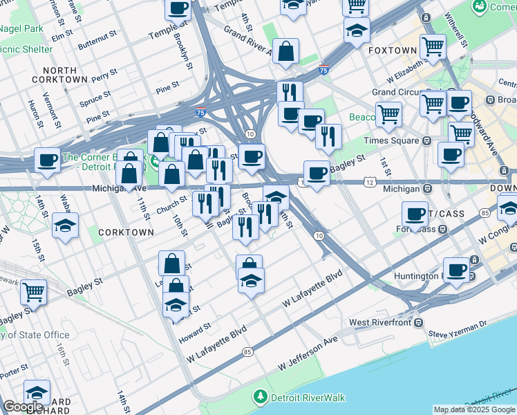 map of restaurants, bars, coffee shops, grocery stores, and more near 1510 Brooklyn Street in Detroit