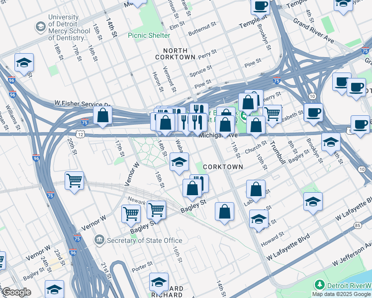 map of restaurants, bars, coffee shops, grocery stores, and more near 2201 Wabash Street in Detroit