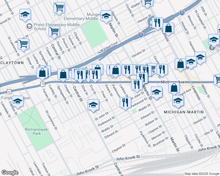 map of restaurants, bars, coffee shops, grocery stores, and more near 4416 Ewers Street in Detroit