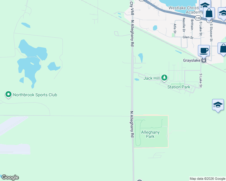 map of restaurants, bars, coffee shops, grocery stores, and more near 32100 North Alleghany Road in Grayslake
