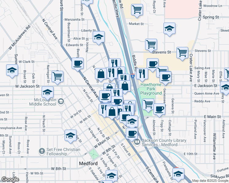 map of restaurants, bars, coffee shops, grocery stores, and more near 334 North Apple Street in Medford