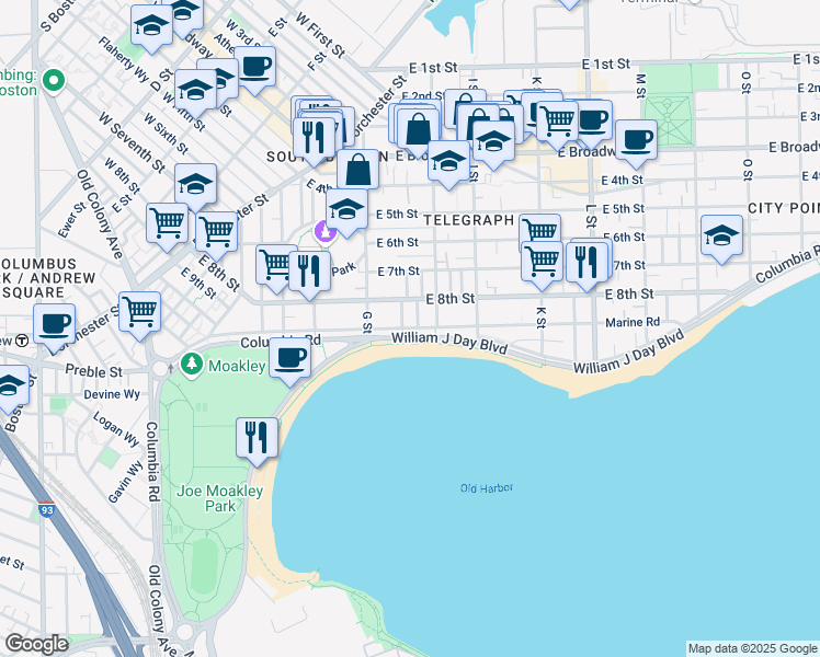 map of restaurants, bars, coffee shops, grocery stores, and more near 1424 Columbia Road in Boston