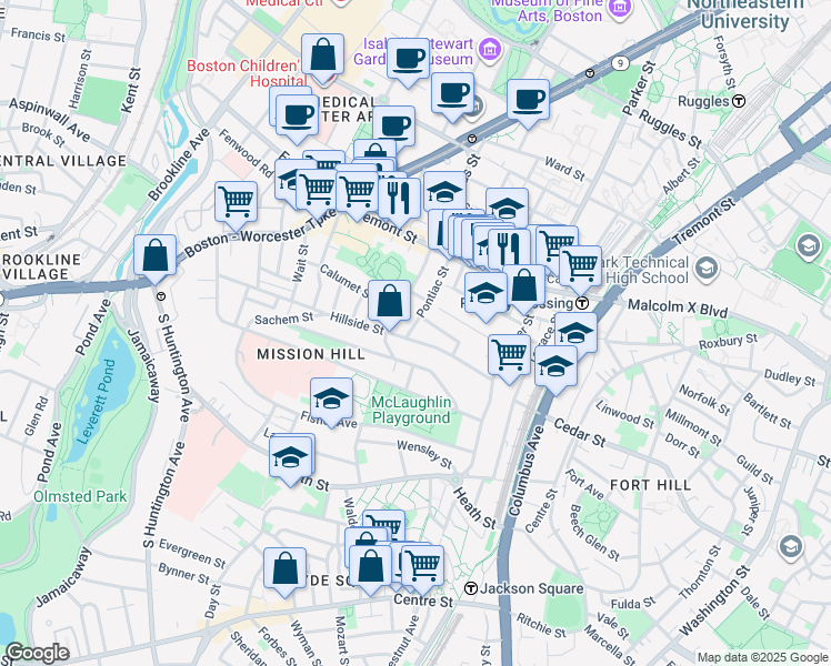 map of restaurants, bars, coffee shops, grocery stores, and more near 60 Hillside Street in Boston