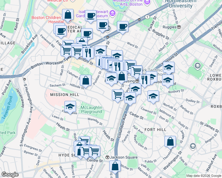 map of restaurants, bars, coffee shops, grocery stores, and more near 67 Alleghany Street in Boston