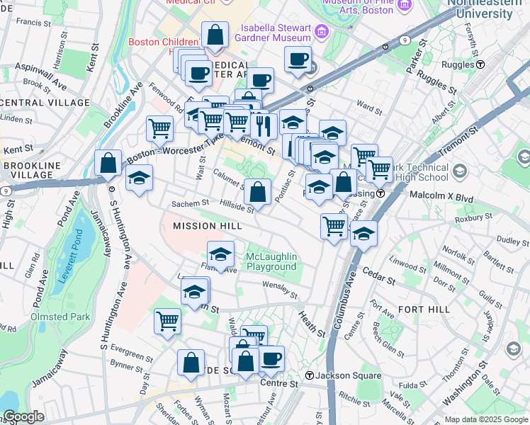 map of restaurants, bars, coffee shops, grocery stores, and more near 5 Iroquois Street in Boston