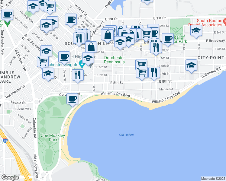 map of restaurants, bars, coffee shops, grocery stores, and more near Columbia Rd & H St in Boston