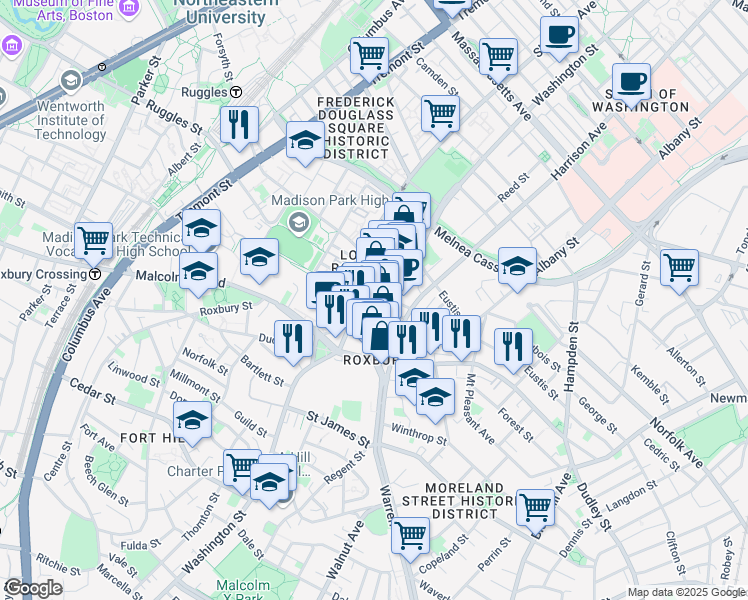 map of restaurants, bars, coffee shops, grocery stores, and more near 2262 Washington Street in Boston