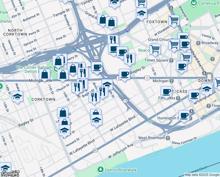 map of restaurants, bars, coffee shops, grocery stores, and more near 1430 Sixth Street in Detroit