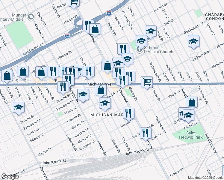 map of restaurants, bars, coffee shops, grocery stores, and more near 3918 Gilbert Street in Detroit