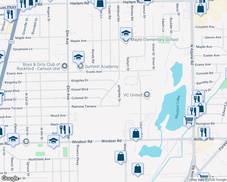 map of restaurants, bars, coffee shops, grocery stores, and more near 3508 Mildred Court in Machesney Park