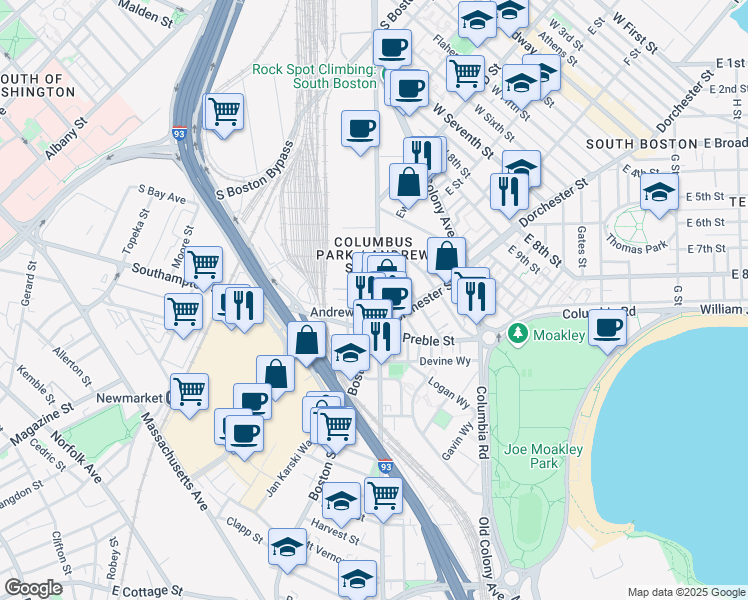 map of restaurants, bars, coffee shops, grocery stores, and more near 395 Dorchester Street in Boston