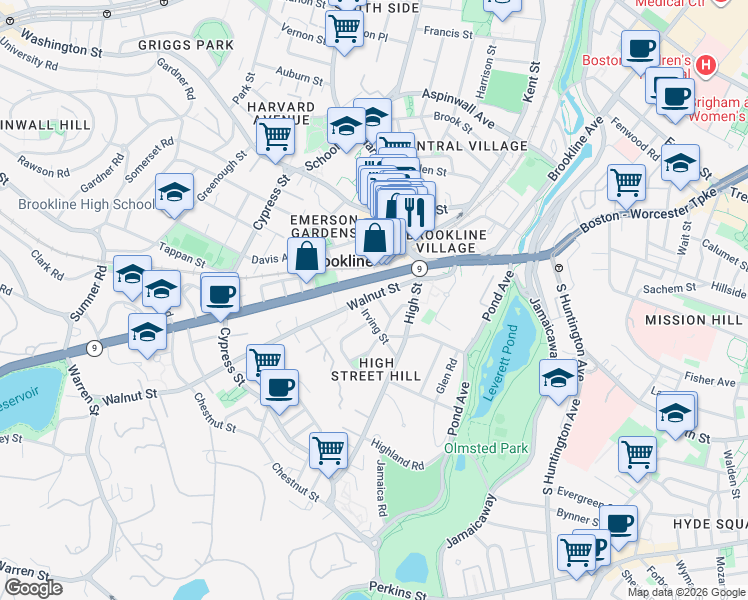 map of restaurants, bars, coffee shops, grocery stores, and more near 22 Irving Street in Brookline