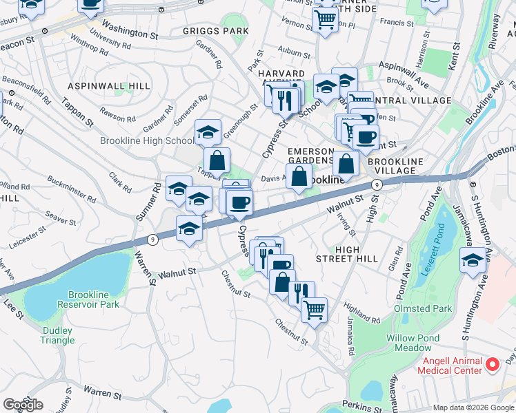 map of restaurants, bars, coffee shops, grocery stores, and more near 308 Boylston Street in Brookline